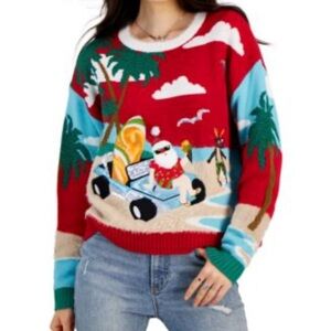 Juniors' Embellished Beach Santa Ugly Christmas Sweater size M